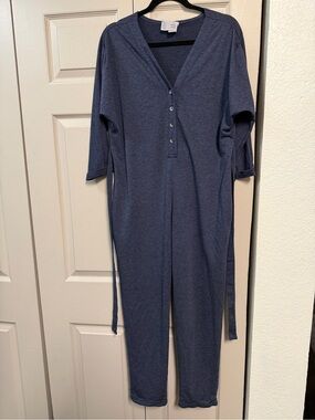 Anthropologie Women's Blue V-Neck Jumpsuit with Button Placket